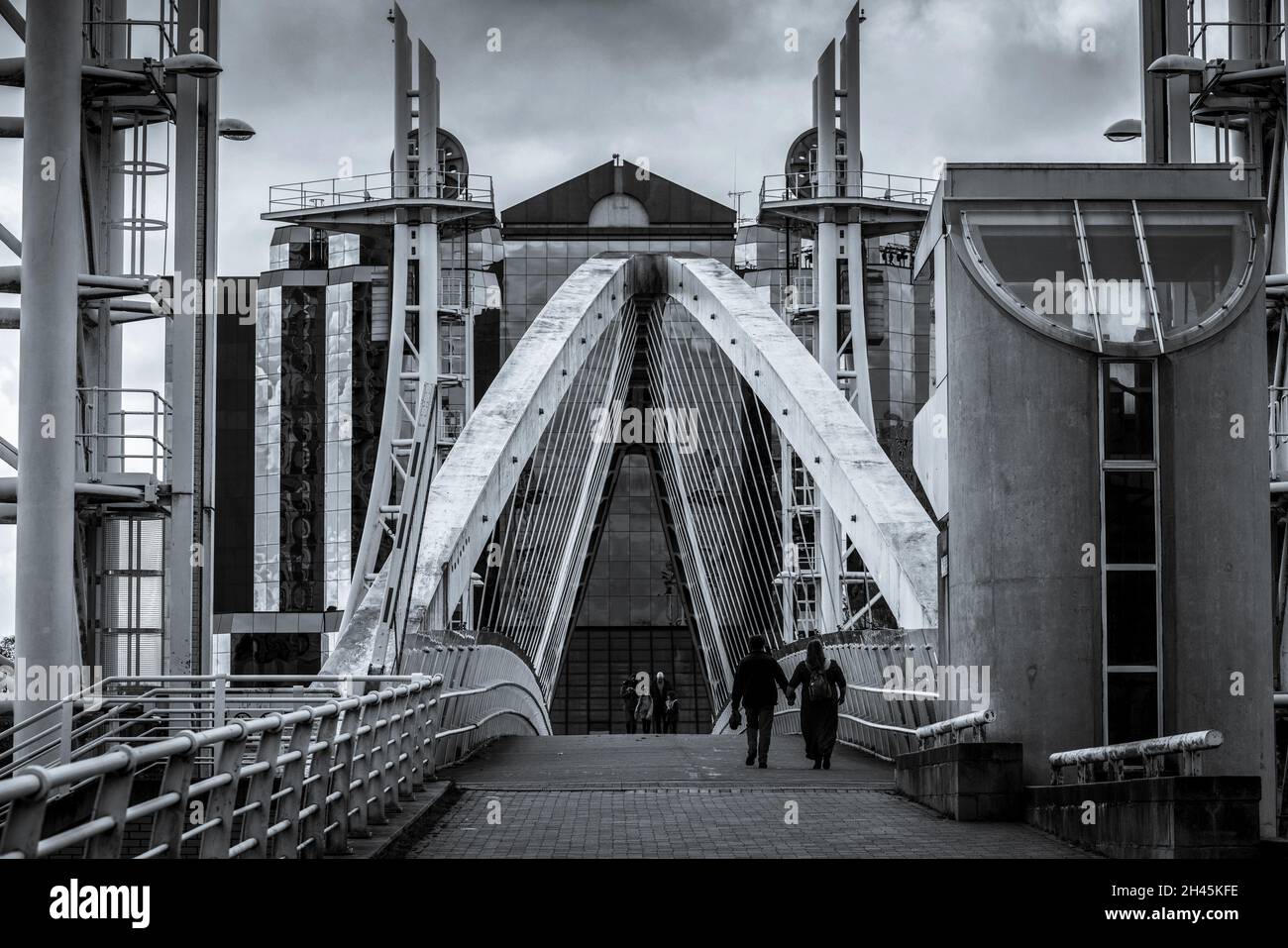 A bridge over the Manchester Ship Canal, Salford Quays, with Quay West in the background Stock Photo