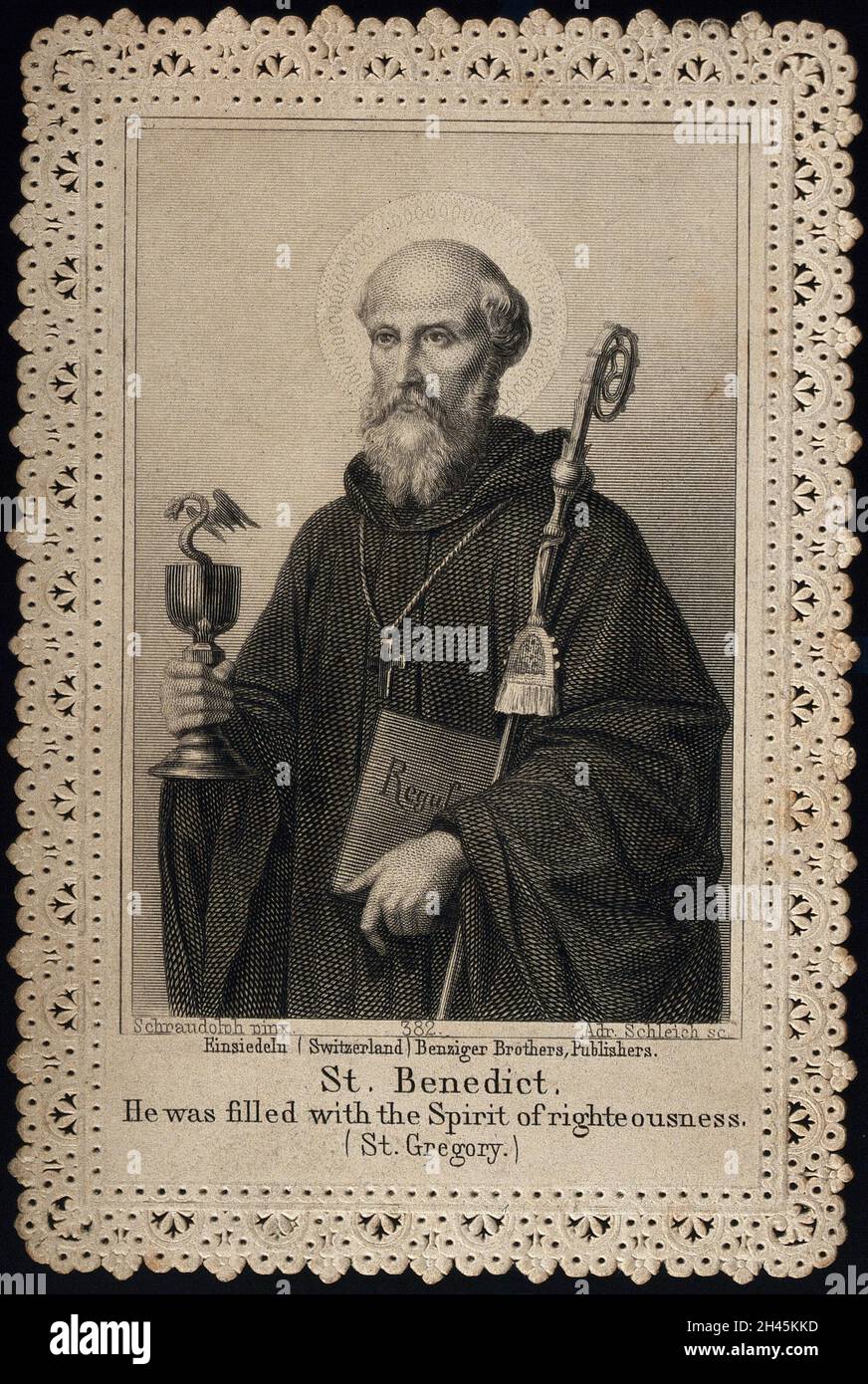 Saint Benedict. Steel Engraving. By A. Schleich After J. Schraudolph 