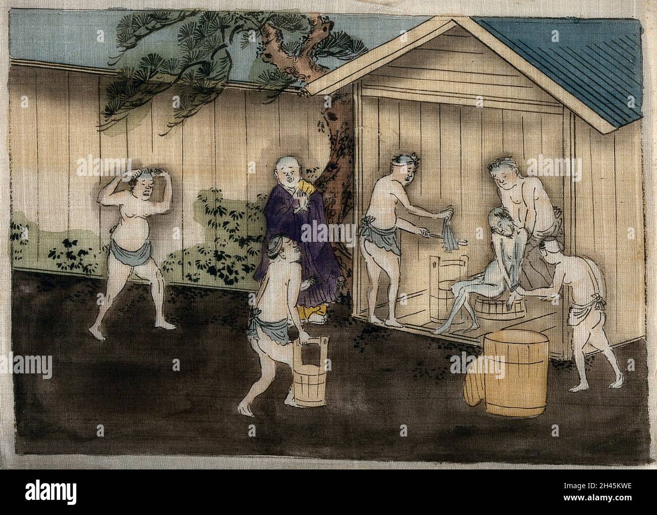 Men washing the body of a recently deceased man in a Japanese bath-house. Watercolour painting, 18--. Stock Photo