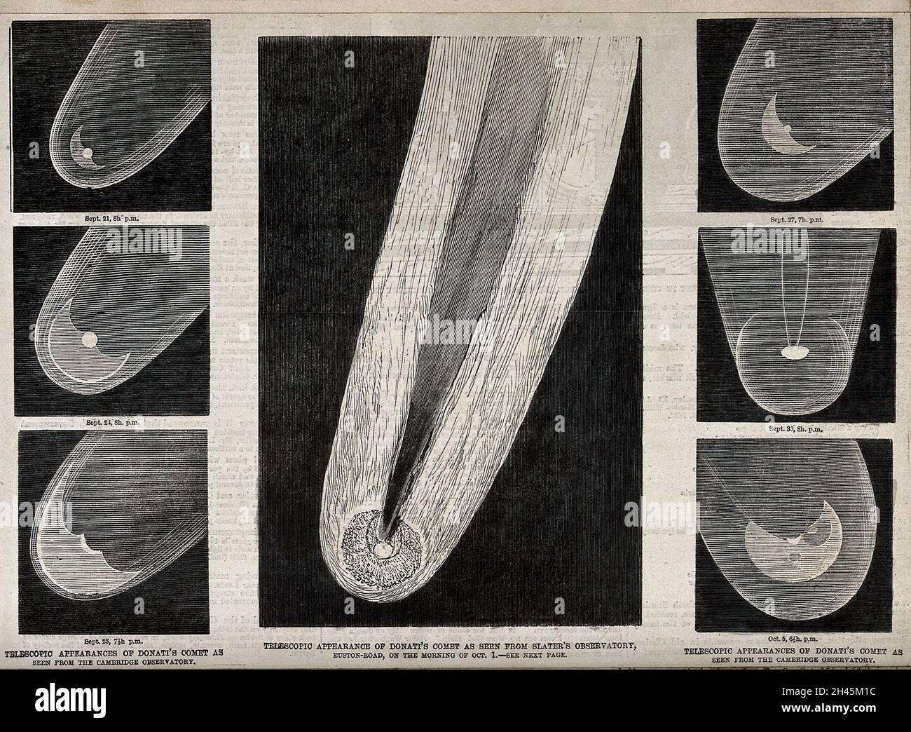 Astronomy: various views of Donati's comet in the night sky. Process print. Stock Photo
