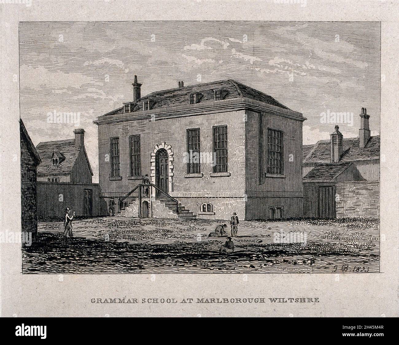 Grammar School, Marlborough, Wiltshire. Etching by J.B., 1823. Stock Photo