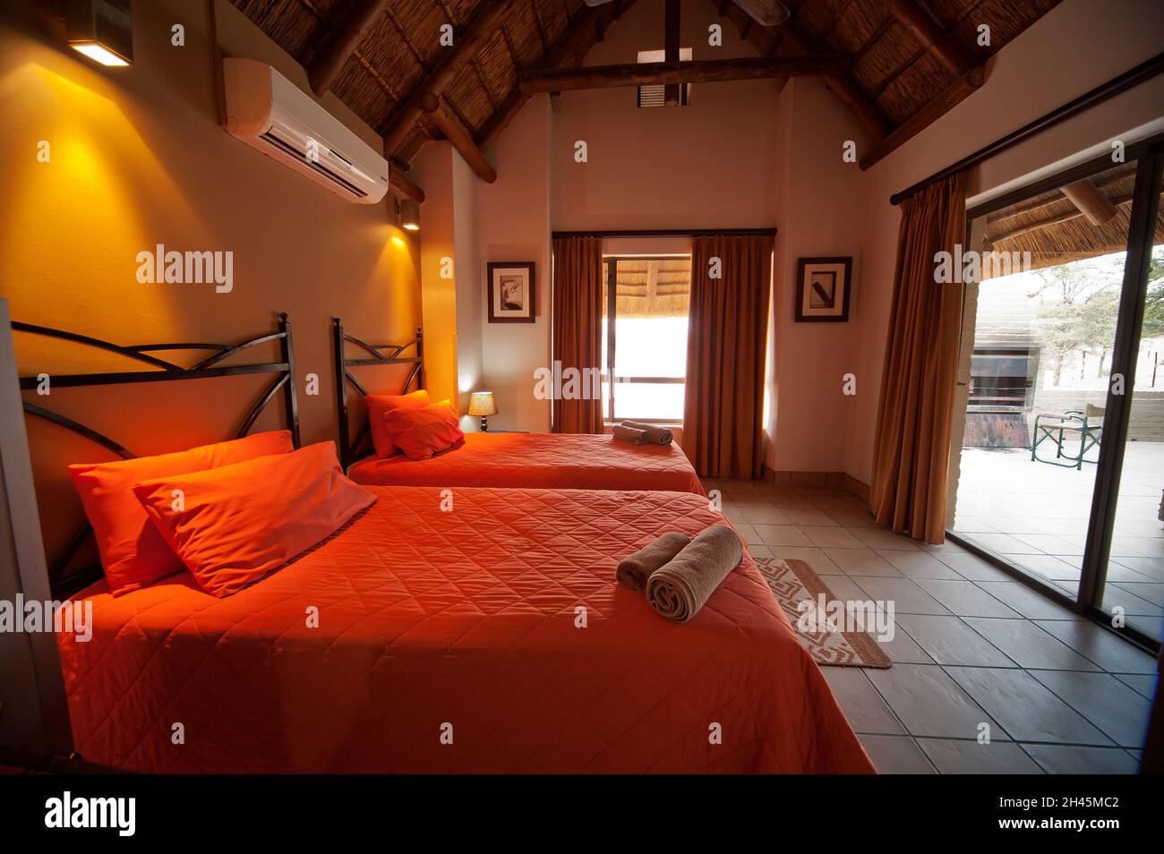 Room at Mata Mata Camp, a popular destination for tourists on safari at Kgalagadi Transfontier Park, South Africa Stock Photo