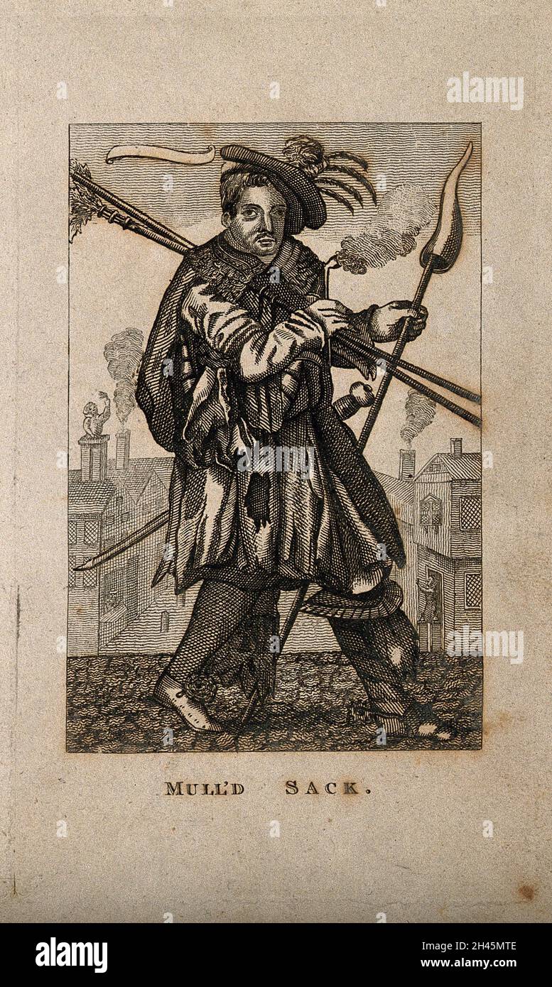 A man in eccentric military costume, perhaps personifying mulled sherry. Etching. Stock Photo