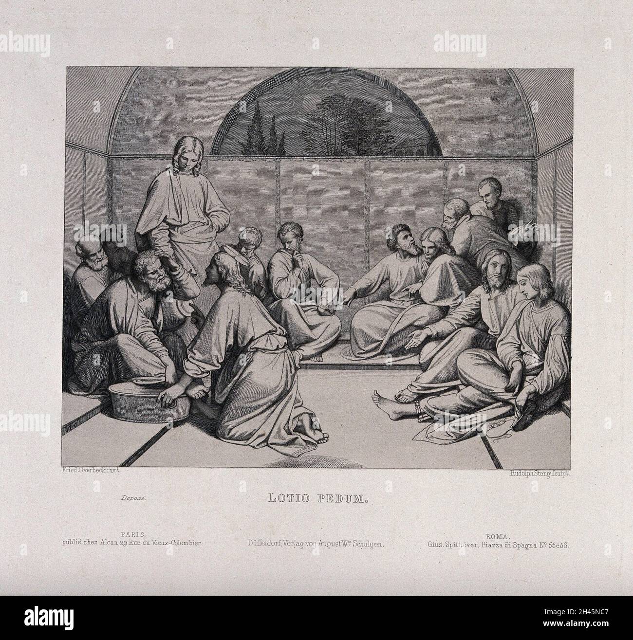 Christ washes the feet of the apostles. Etching by R. Stang after J.F. Overbeck, 1847. Stock Photo