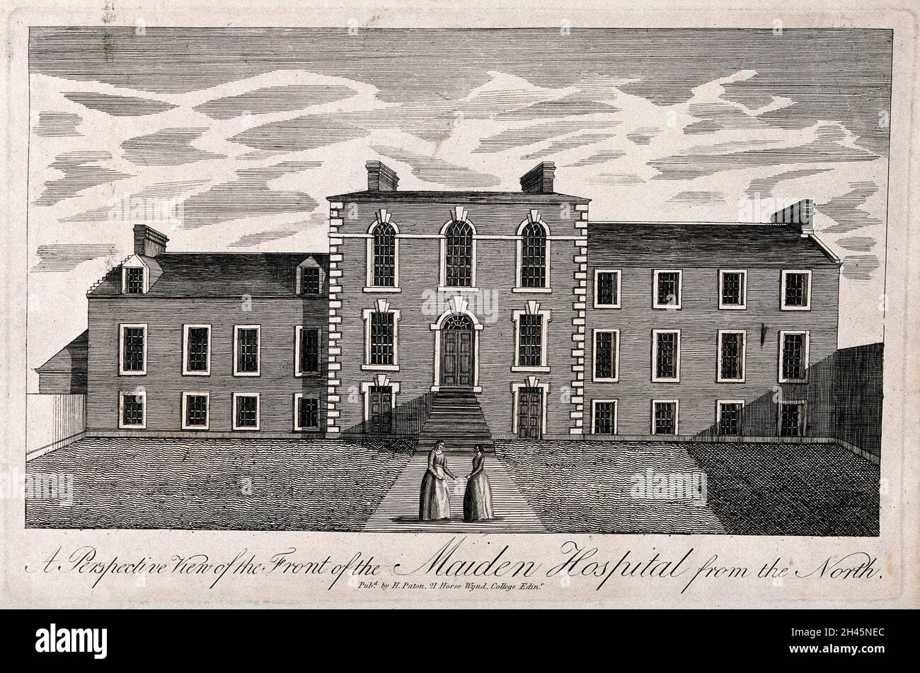 Two women standing in front of the Maiden Hospital, Edinburgh, Scotland. Line engraving. Stock Photo