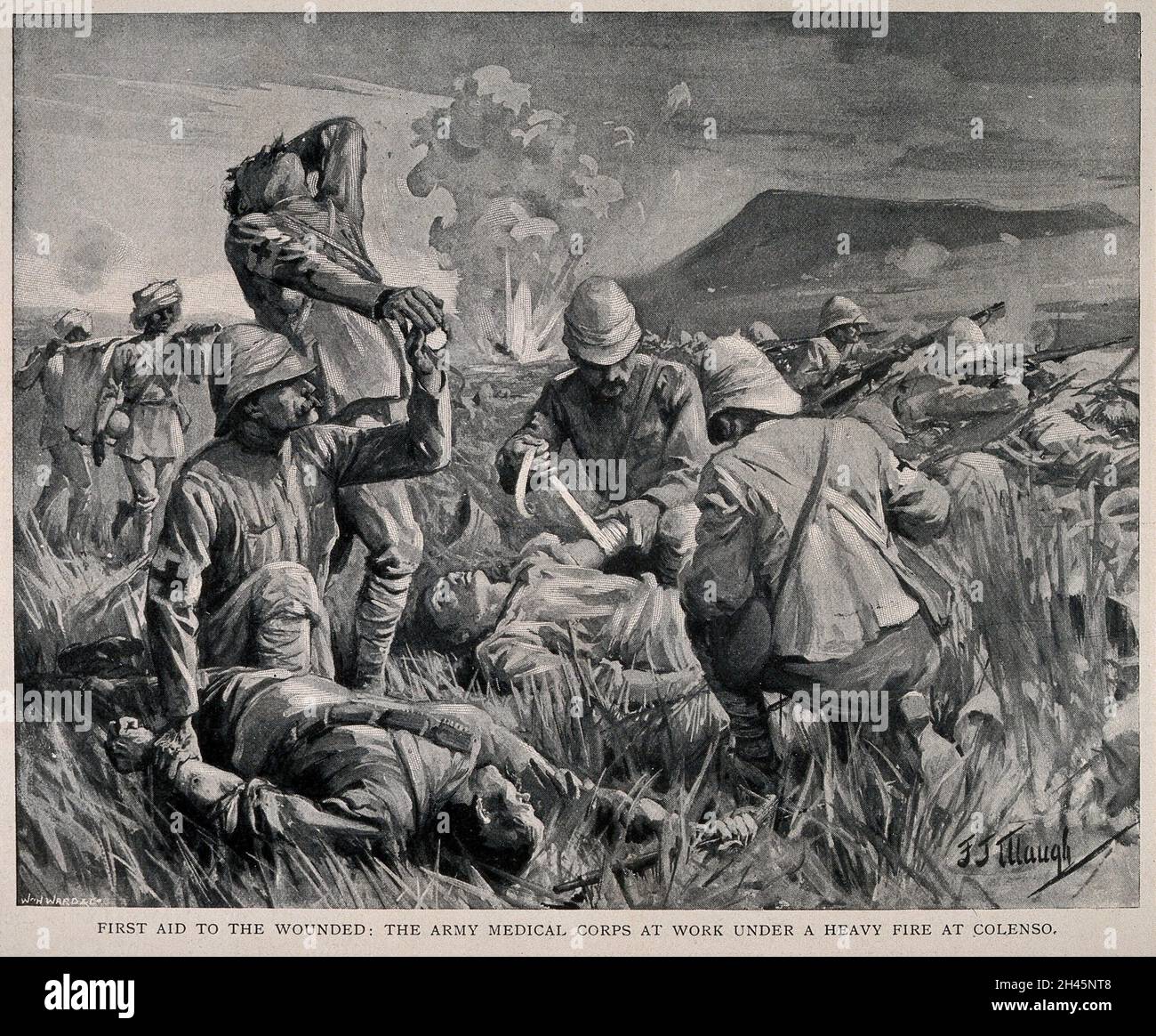 Boer War: first aid to the wounded on the battlefield at Colenso. Process print after J.J. Waugh. Stock Photo