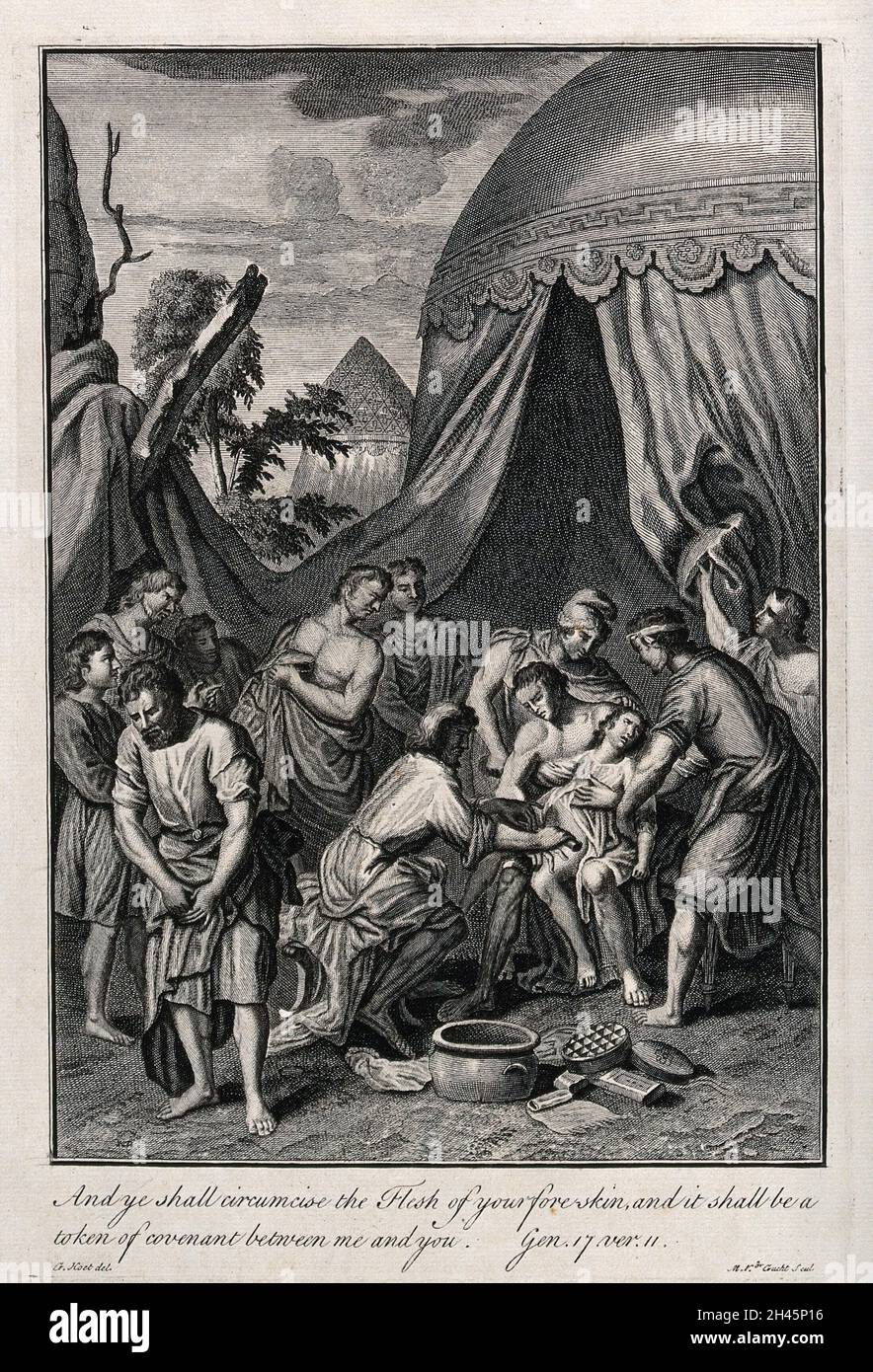 Abraham and his men begin to circumcise themselves. Etching by M. van ...