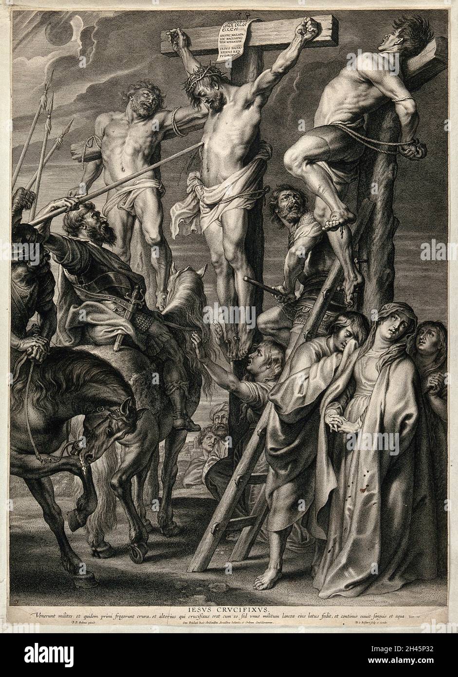 The crucifixion of Christ; his side is punctured by a soldier's lance. Engraving by B. à Bolswert after P.P. Rubens. Stock Photo