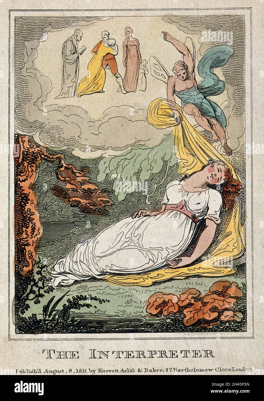 A sleeping woman is disturbed in her dreams by a winged figure pointing ...