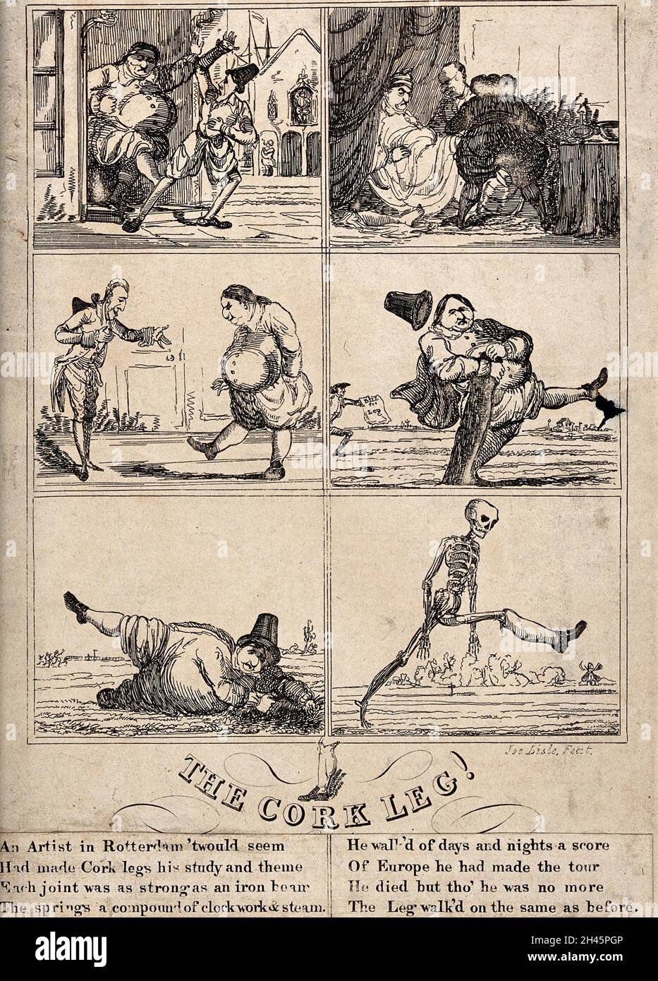 Six scenes narrating the fate of a cork leg, the invention of a Dutch artist. Etching by Joe Lisle. Stock Photo