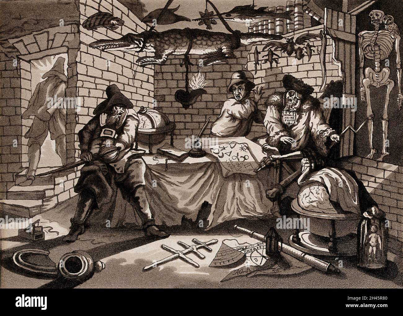 In a chamber containing stuffed animals, a globe and astrological devices Hudibras, about to draw his sword, startles Sidrophel and Whacum. Aquatint by C. Rosenberg, 1799, after William Hogarth. Stock Photo