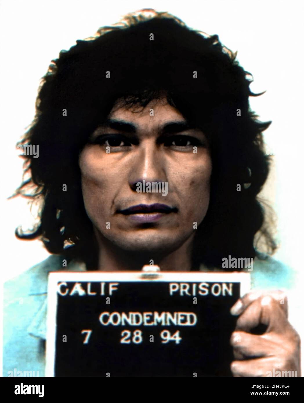 1994 , 28 july , USA : The Satanist serial killer RICHARD RAMIREZ ( 1960 - 2013 ) aged 34, born Ricardo Leyva Munoz Ramírez . Mugshot by California State Prison . Ramirez ' The Night Stalker ' was  also serial rapist , kidnapper , child molester and burglar , was an American spree killer who murdered at least 13 people , from 17 march to 31 august 1985  . Unknown photographer .- MUG SHOT - MUG-SHOT - SERIAL KILLER  - portrait - ritratto - serial-killer - assassino seriale - CRONACA NERA - criminale - criminal - SERIAL KILLER  - foto segnaletica della Polizia - SATANISMO - SATANISM - SATANISTA Stock Photo