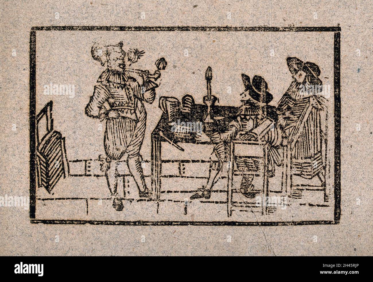 A man stands smoking a pipe as two onlookers sit at a table. Woodcut, 17th century. Stock Photo