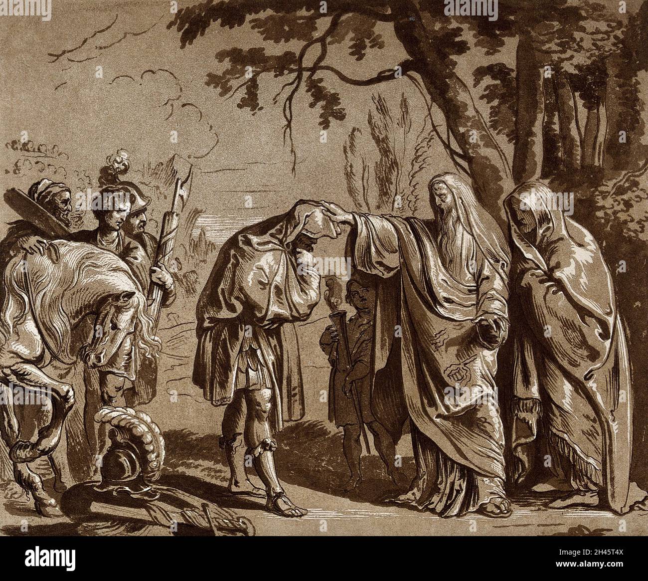 A man wearing a cloak touching the head of a bowing man, during an outdoor ceremony. Aquatint by C.M. Metz after P.P. Rubens (?). Stock Photo