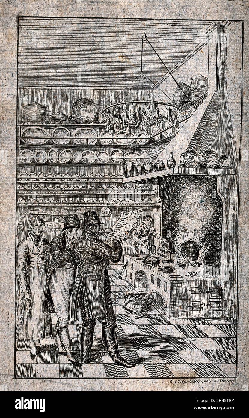 Two men visiting a kitchen discuss the bill of fare as the waiter stands behind them and a kitchen hand roasts meat on a spit. Etching by J.J. Turretini (?) after himself. Stock Photo