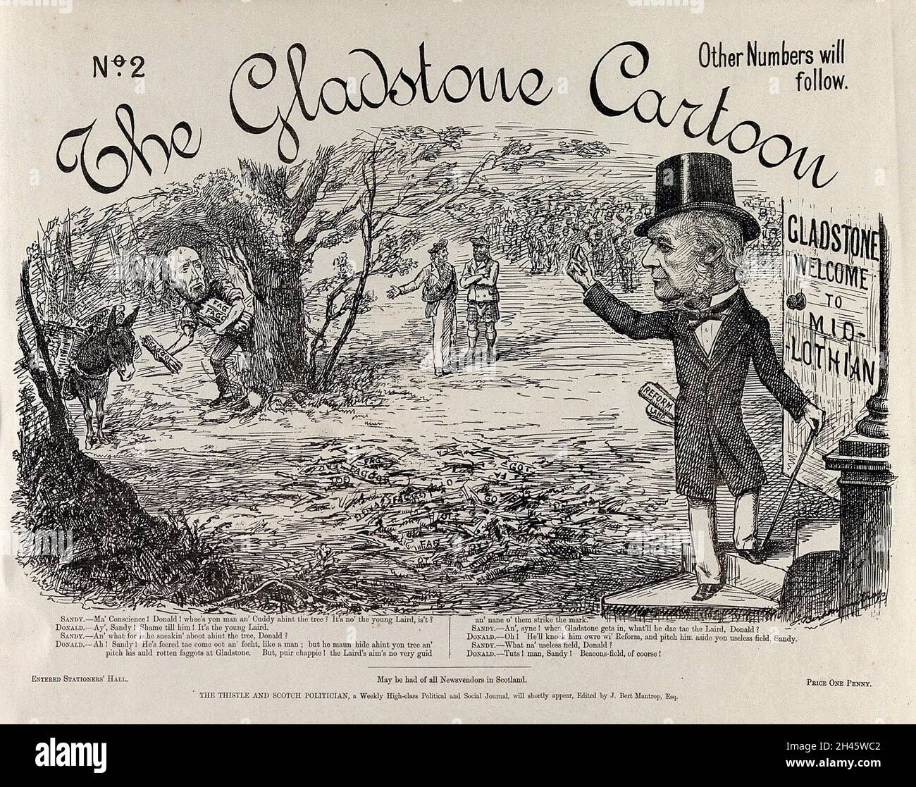 The Midlothian campaign of 1879-1880: William Gladstone is saluting a crowd; his opponent the Earl of Dalkeith is hiding behind a tree in order to throw faggots at him. Engraving by A. Mantrop, 1879/1880. Stock Photo