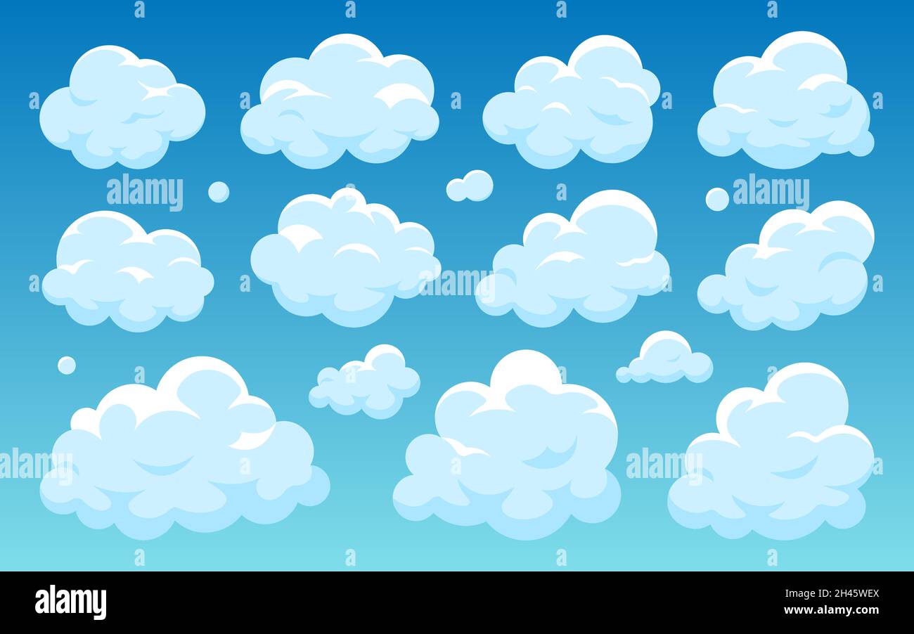 Cloud blue flat set. Cartoon clear weather symbol for game app widget  website interface. Meteorology wallpaper splash element cloudless sky 2D.  Free nodding shape postcard book advertising isolated Stock Vector Image &