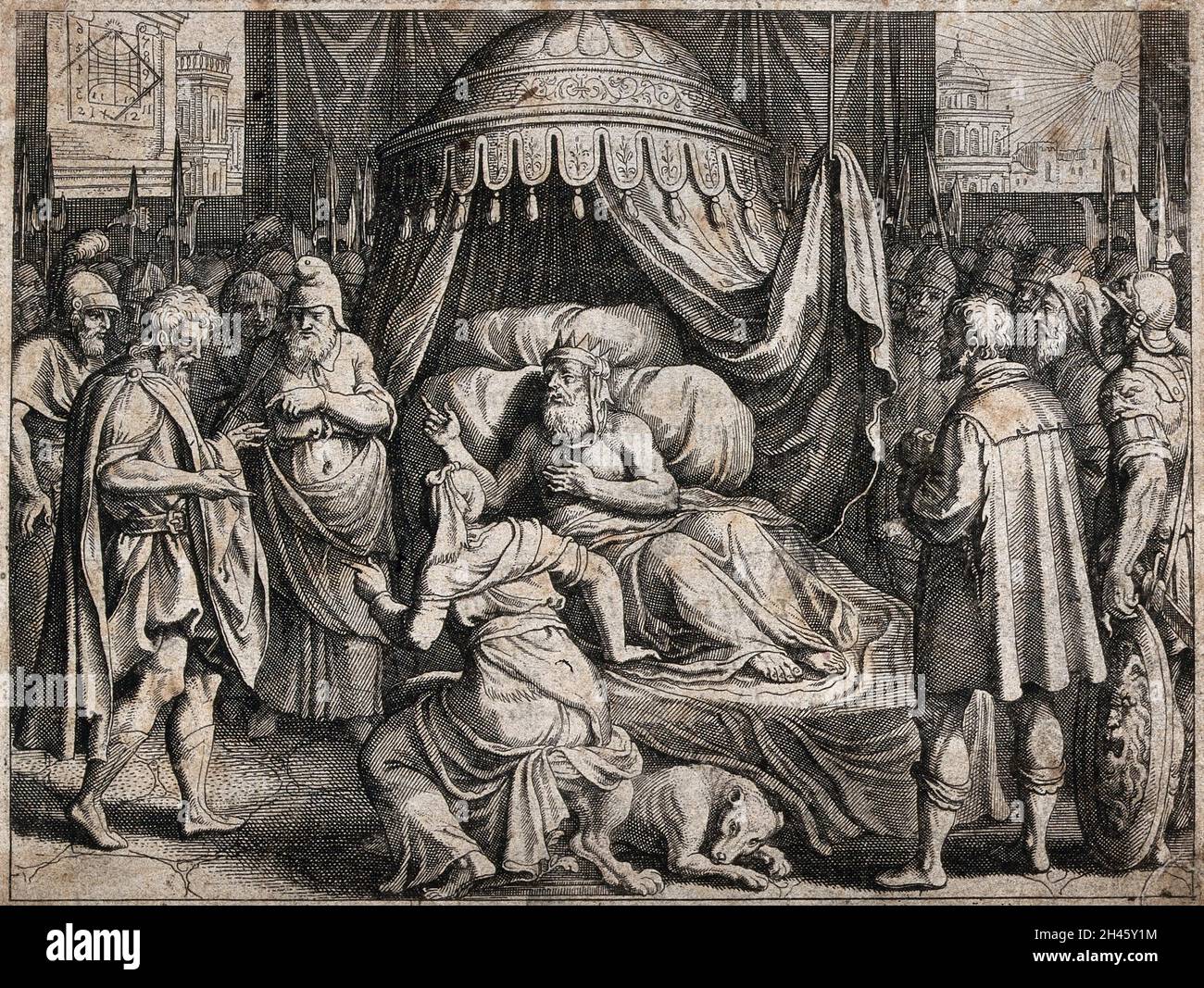 Hezekiah lies ailing in bed, surrounded by anxious soldiers and ministers. Engraving. Stock Photo
