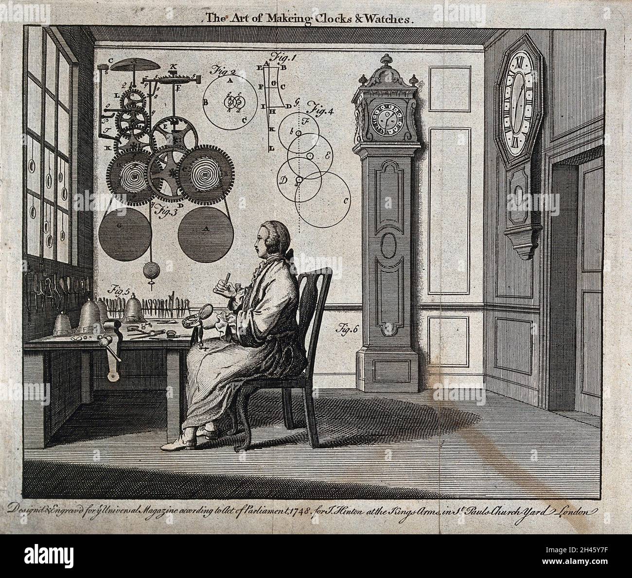 Clocks a watchmaker seated at his workbench with a longcase and a