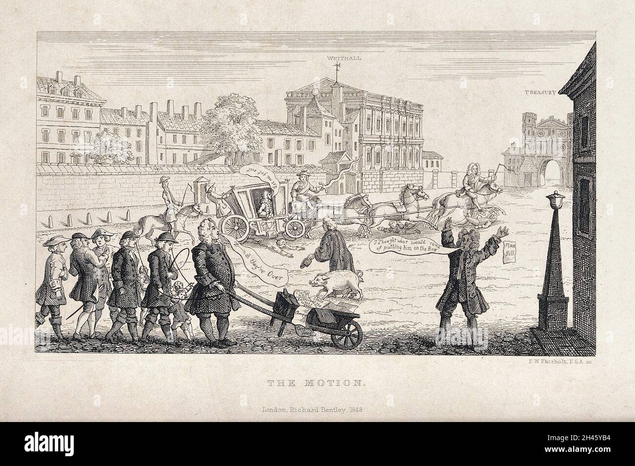 A group of people returns ballot papers by means of a wheelbarrow while people get run over by a horse carriage in the background; illustration of a political satire. Etching by F. W. Fairholt. Stock Photo