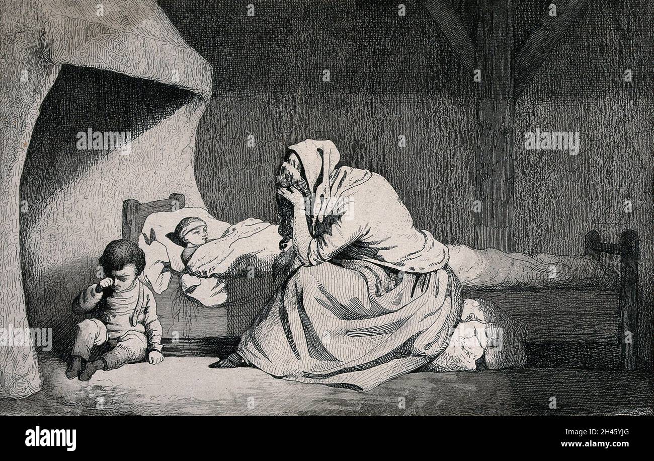 A mother mourns the death of her child. Etching Stock Photo - Alamy