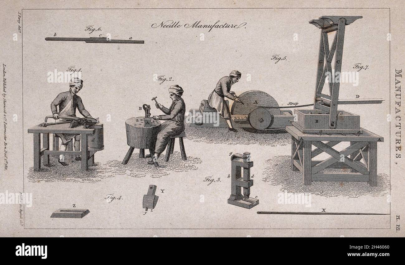 Manufacture of needles. Etching by Mutlow after J. Farey. Stock Photo