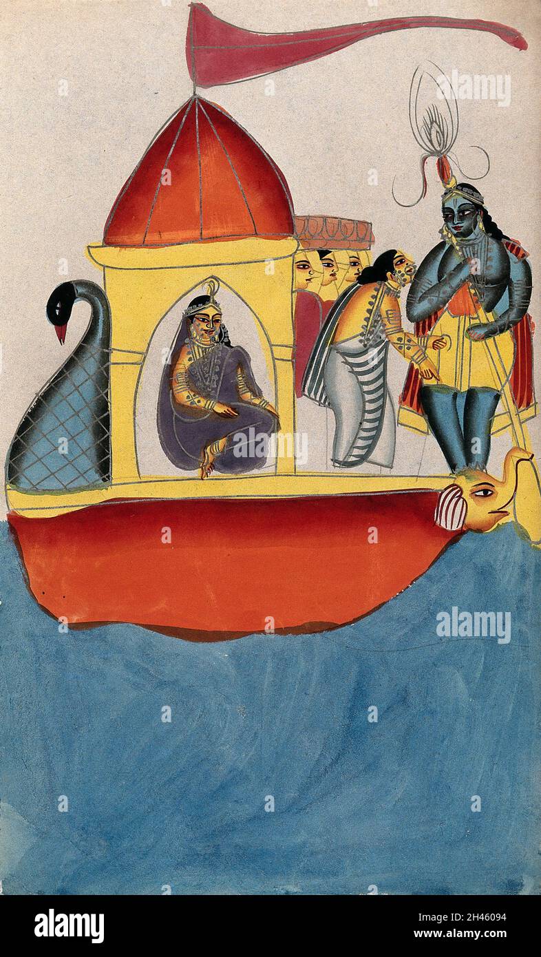 Krishna steering a peacock-headed boat carrying five women. Watercolour ...