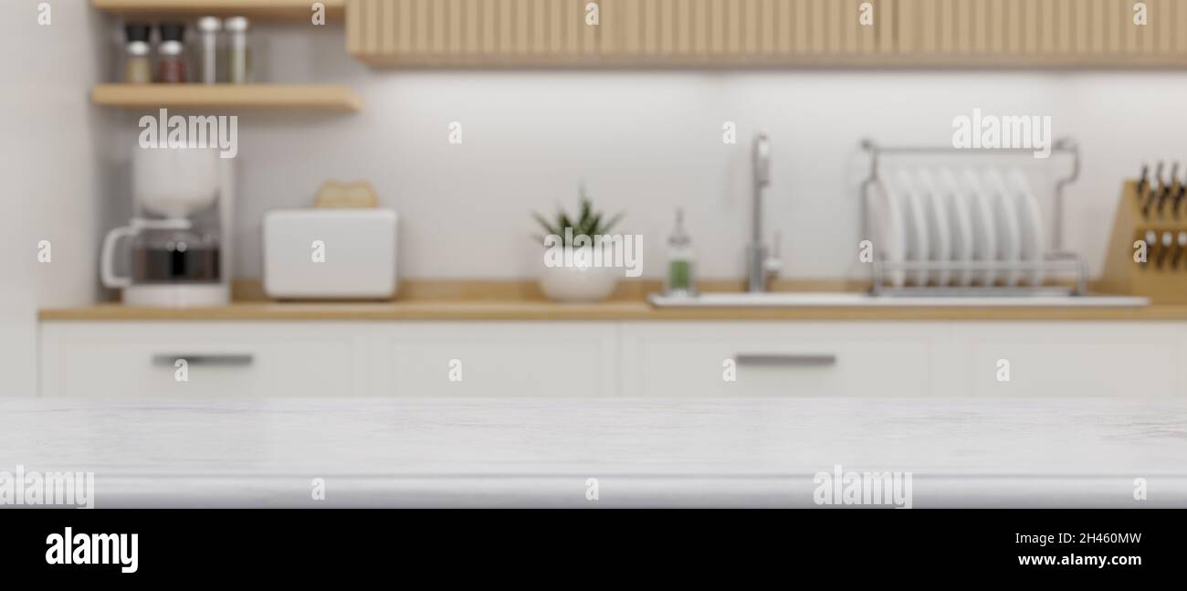 Close-up white granite kitchen countertop for montage product display ...