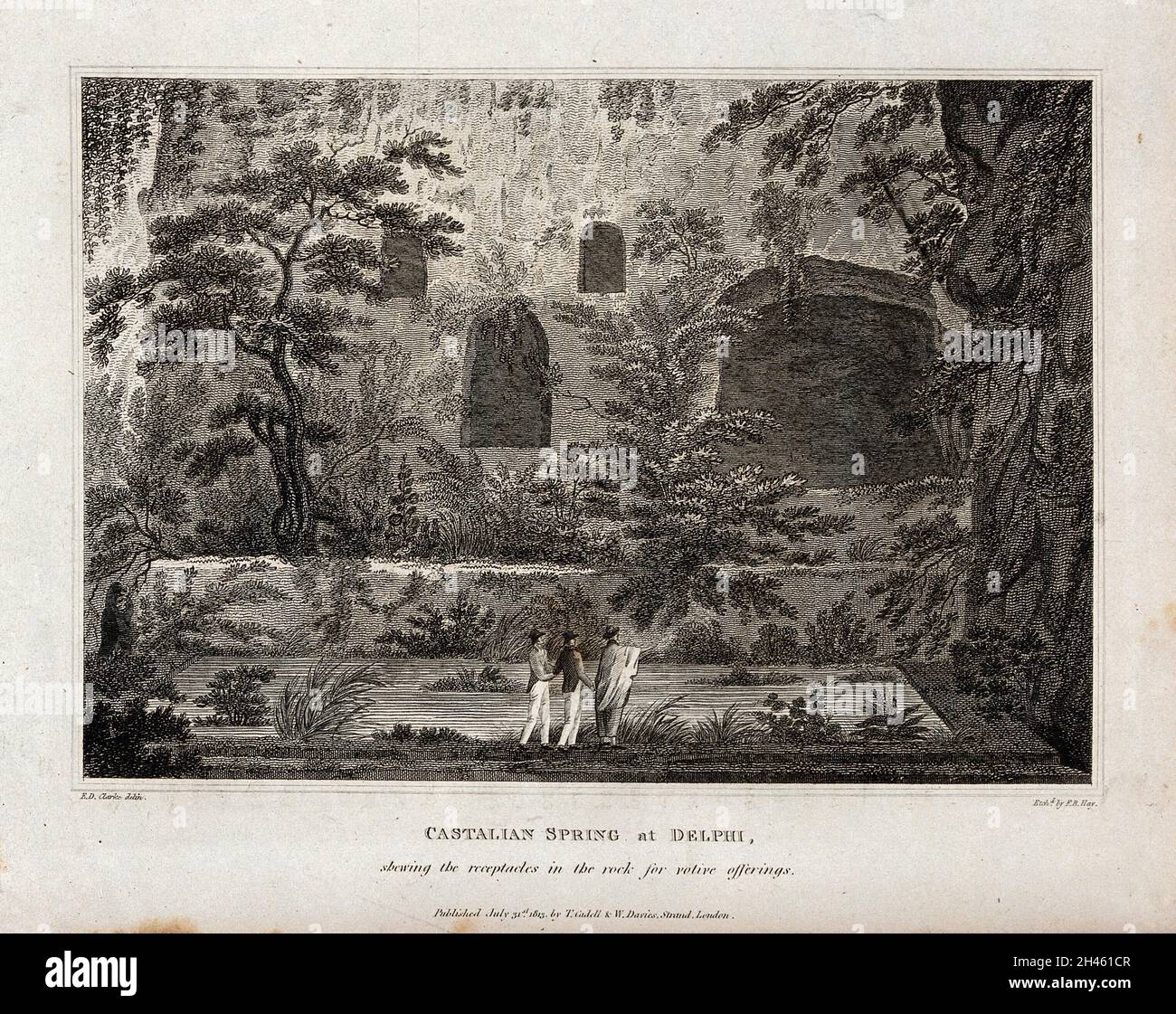 The Castalian spring at Delphi; the cavities in the rock are for votive offerings. Etching by F.R. Hay, 1813, after E.D. Clarke. Stock Photo