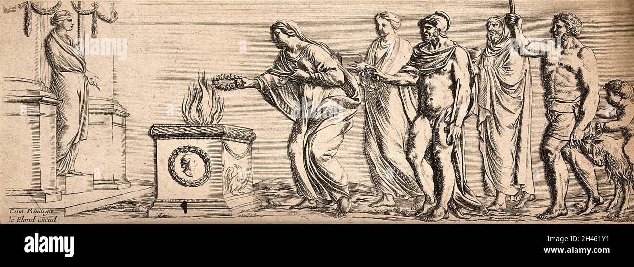 Pagan sacrifice to a goddess. Engraving. Stock Photo