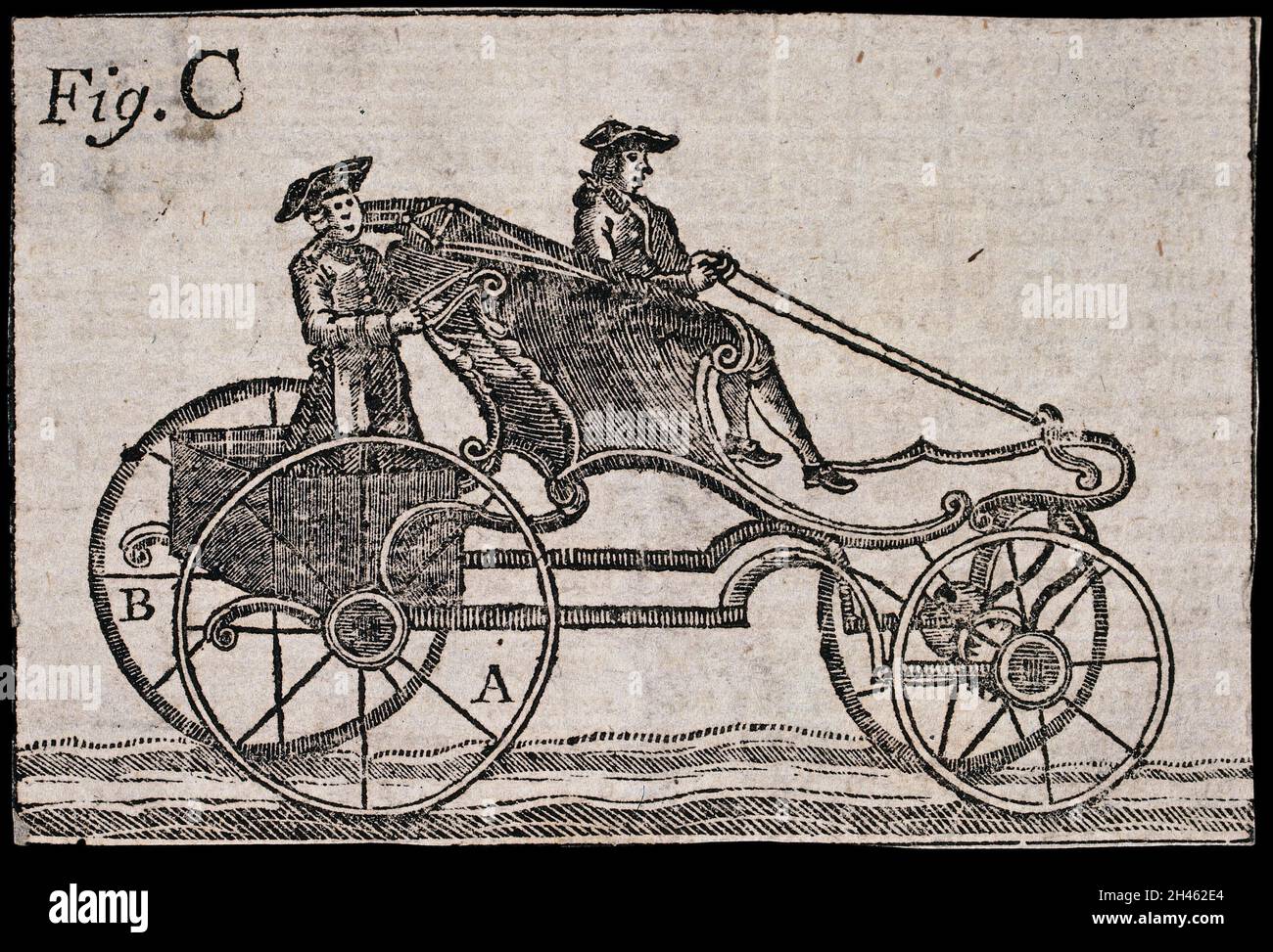 A four-wheeled carriage manned by a coachman and a man (footman?) at the back. Woodcut, 17--. Stock Photo