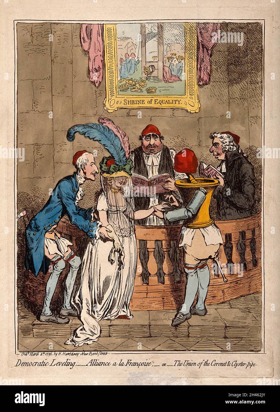 The wedding of Lady Lucy Stanhope to Thomas Taylor, a surgeon-apothecary: the bride is given away by her father Earl Stanhope, while Fox and Sheridan officiate. Coloured etching by J. Gillray, 1796. Stock Photo