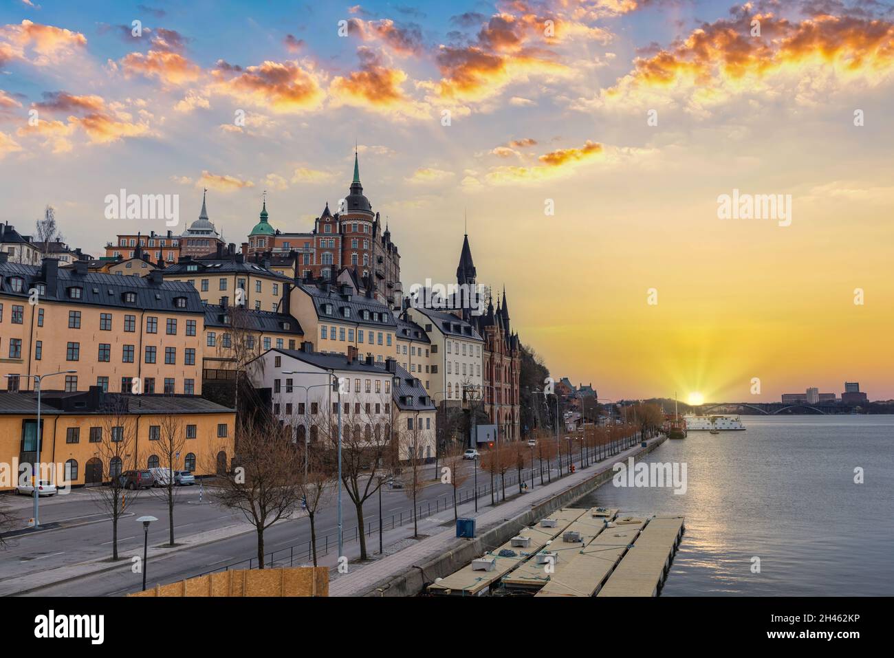 Stockholm Sweden, sunset city skyline at Slussen Stock Photo