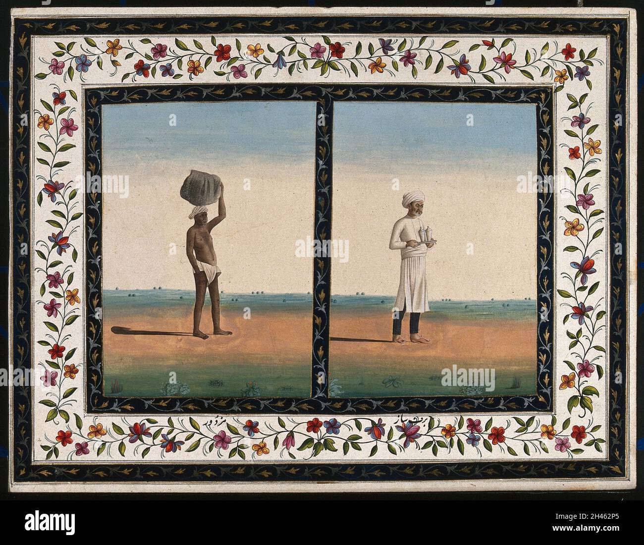 Left, a labourer carries a heavy load on his head; right, an attendant or bearer carries a tray. Gouache painting by an Indian artist. Stock Photo