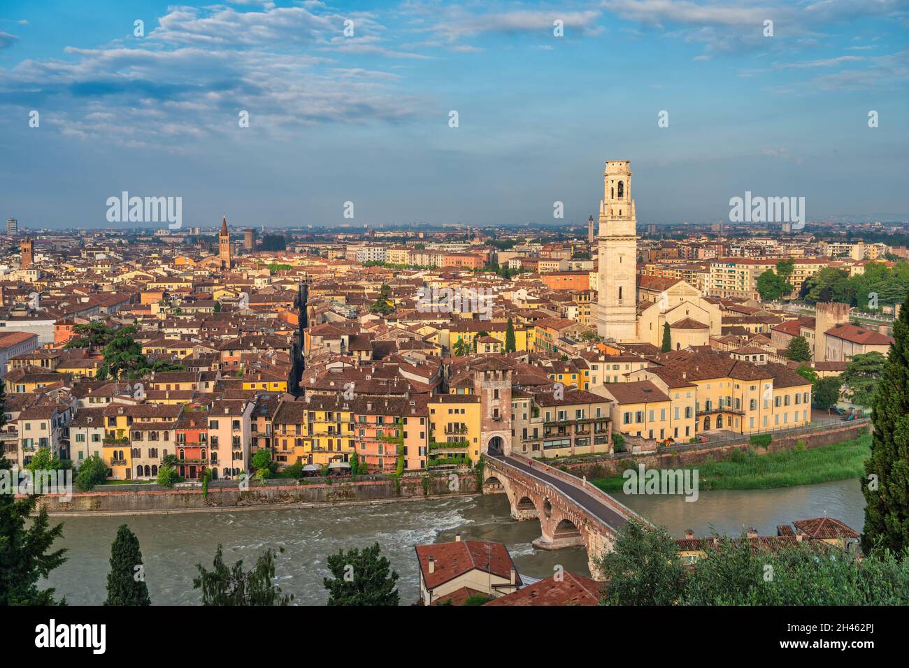 Verona Italy, high angle view city skyline at Adige river and Verona Cathedral Stock Photo