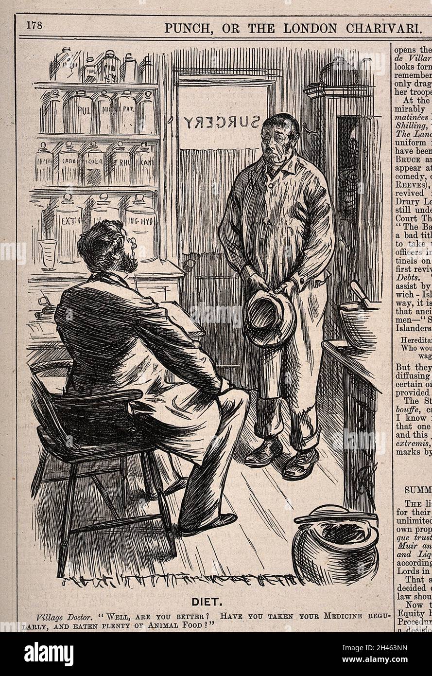 A doctor is dismayed to discover that his patient has been eating animal feed when he had recommended animal food. Wood engraving by C. Keene, 1879. Stock Photo