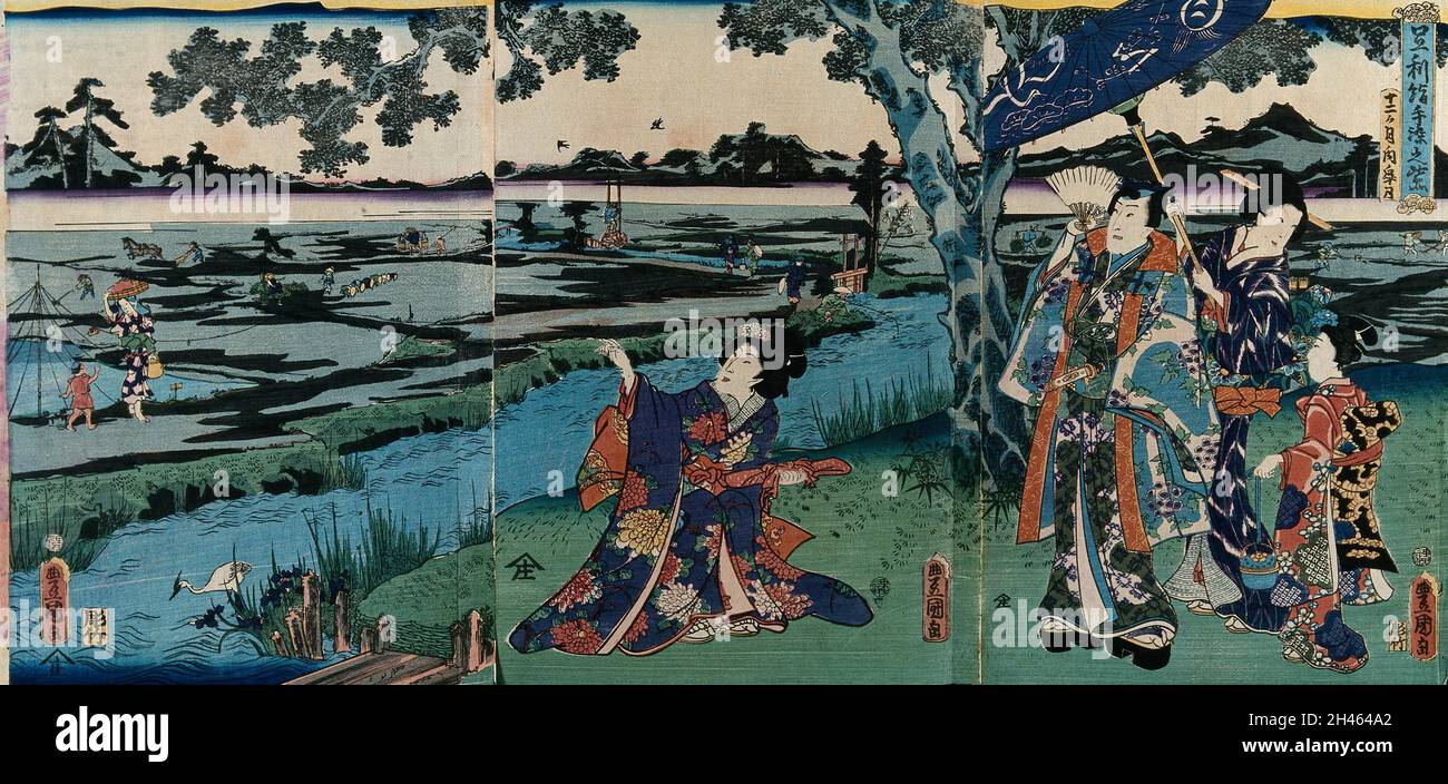 Prince Genji in modern dress with lady attendants visiting Ashikaya (north Kantō Plain) in the fifth lunar month; peasants in the broad, panoramic landscape setting are busy with the spring planting. Colour woodcut by Kunisada, 1860. Stock Photo