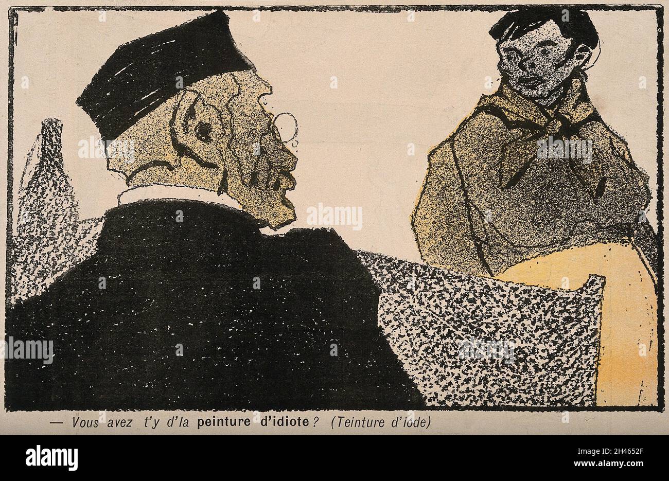 A customer at a pharmacy makes a verbal gaffe when asking for iodine. Colour photomechanical reproduction of a lithograph, c. 1900. Stock Photo