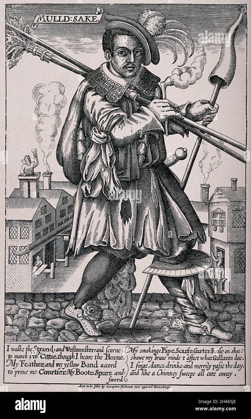 John Cottington, a chimney-sweep, in elaborate costume walking the street with smoking pipe and horn in hand, with descriptive verse. Line block, 18--, after engraving, c. 1620. Stock Photo