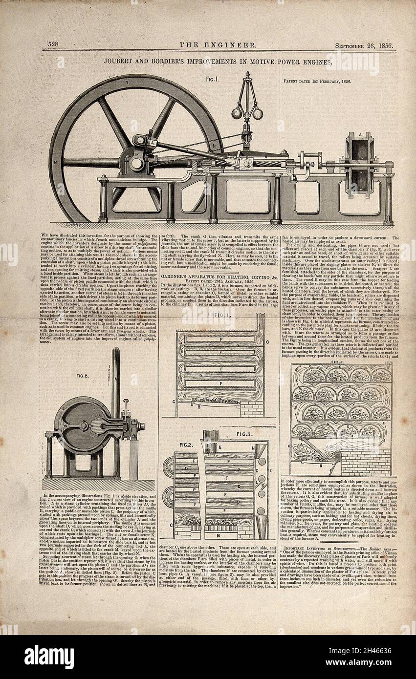 Steam Engine Engravings Engineering: a steam engine, and drying chambers. Wood engraving by E ...