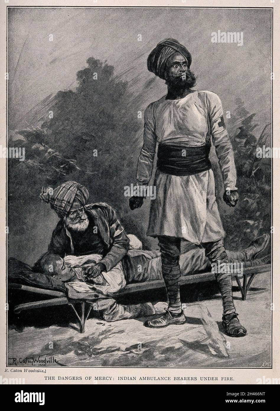 Boer War: Indian ambulance bearers under fire. Process print after R. Caton Woodville. Stock Photo