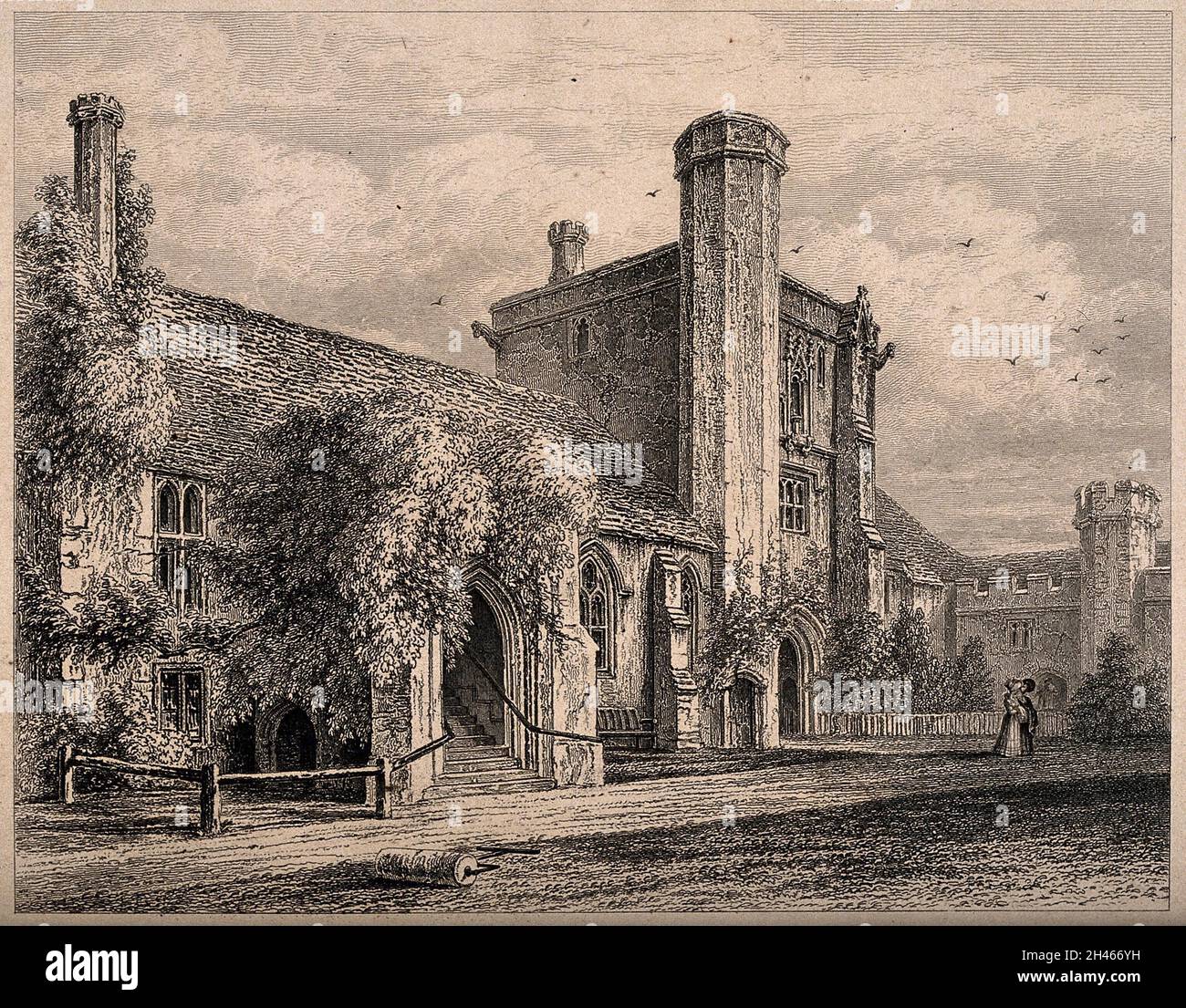 Hospital of St. Cross, Winchester, Hampshire. Etching by J. Le Keux after O. Carter Stock Photo