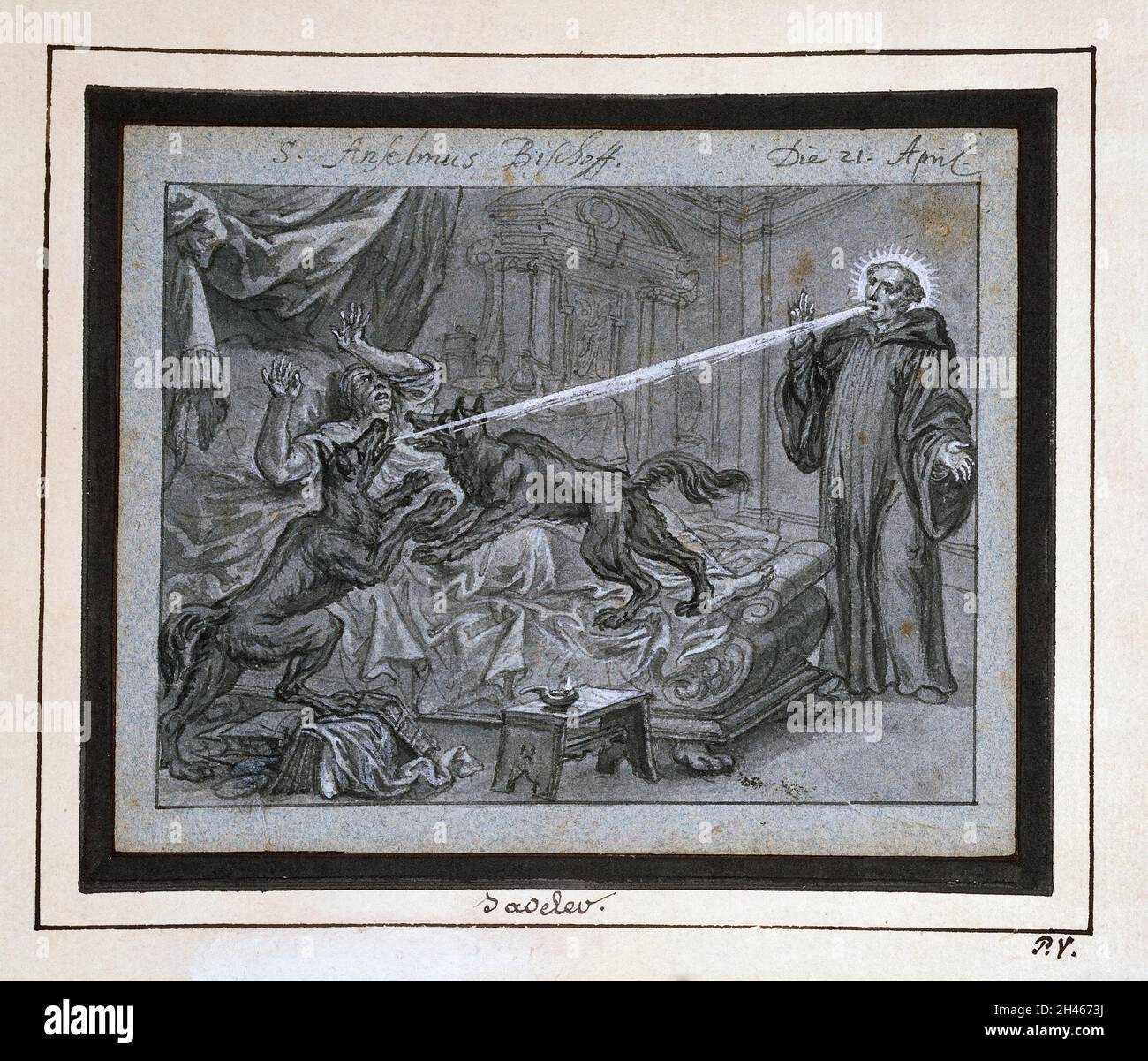 A monk, suffering a hallucination that he is being attacked by wolves, being freed from his delusions by Saint Anselm. Drawing by an artist in the circle of J.W. Baumgartner. Stock Photo