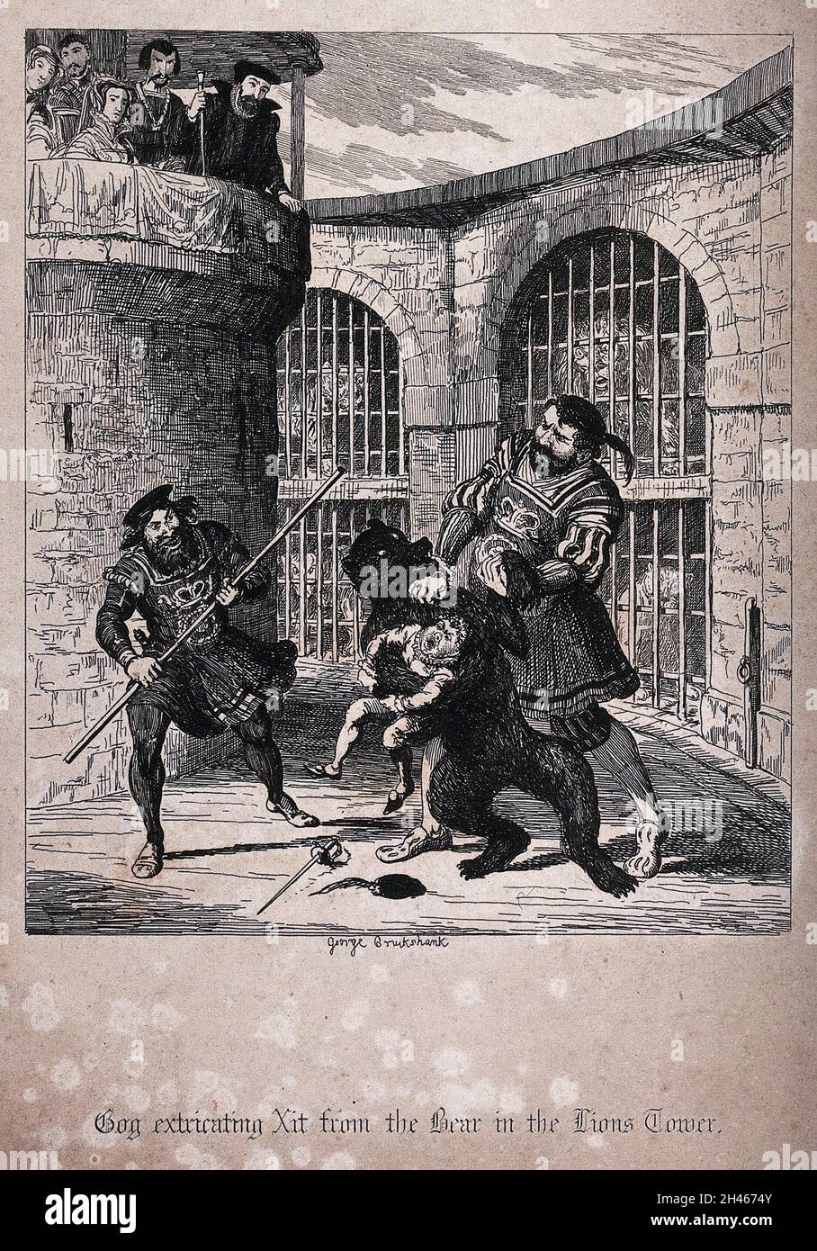 The giant Gog extricating the dwarf Xit from a bear in the Lions Tower at the Tower of London, watched by Queen Mary I. Etching by George Cruikshank. Stock Photo