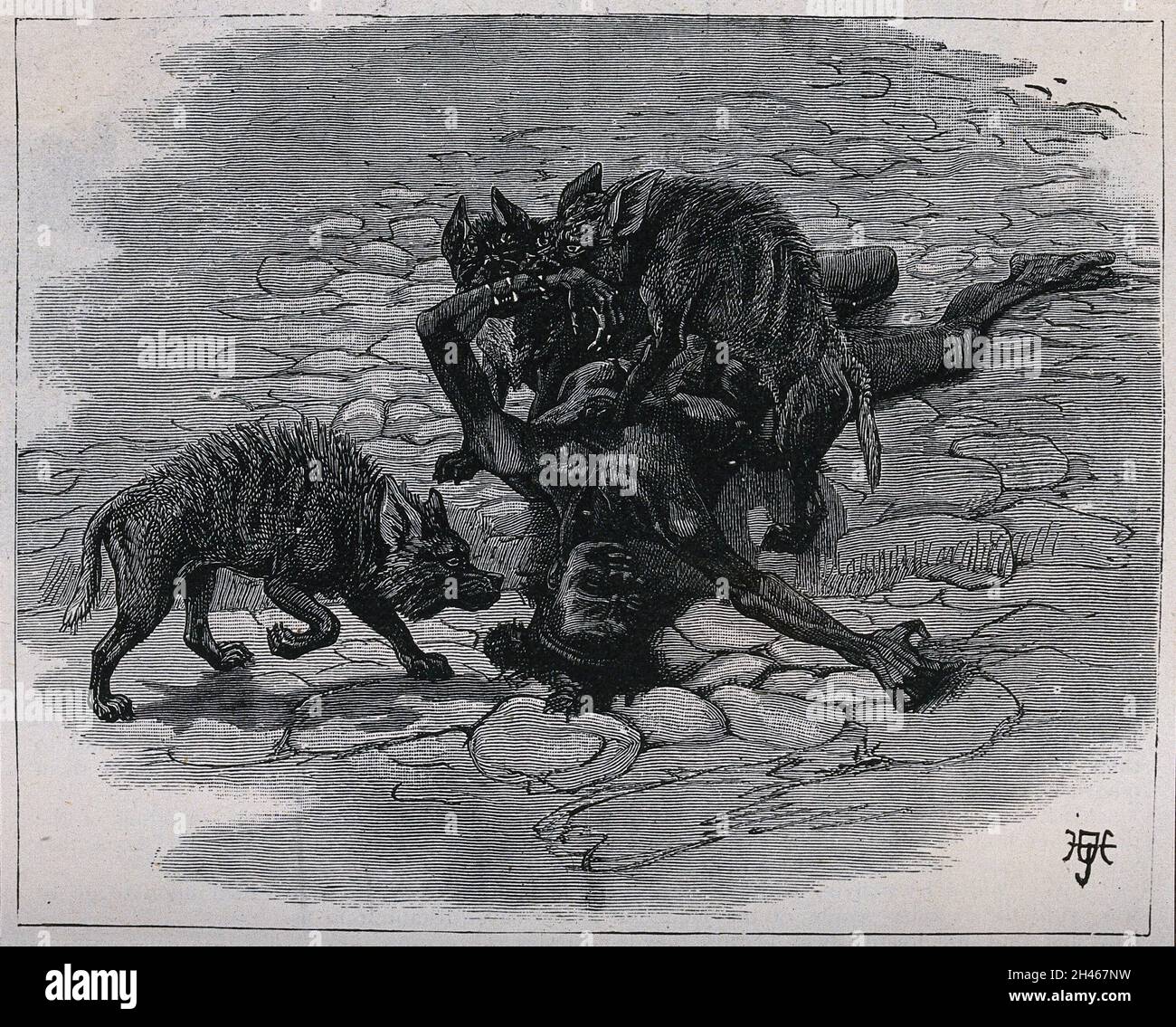 A dying boy is being attacked by hyenas. Reproduction of a wood
