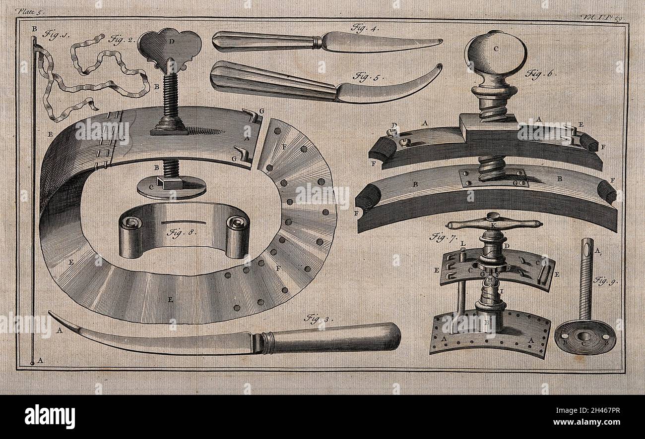 Surgical instruments. Engraving with etching Stock Photo Alamy