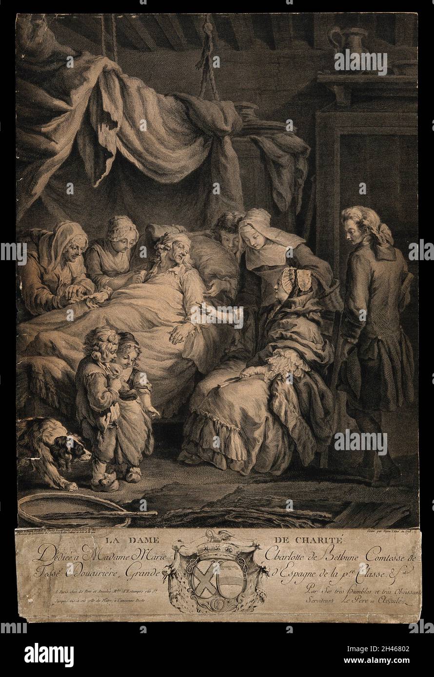 A charitable lady visiting a sick man and his family: with a crest. Line engraving by N.J. Voyez, 1773, after C.D.J. Eisen. Stock Photo