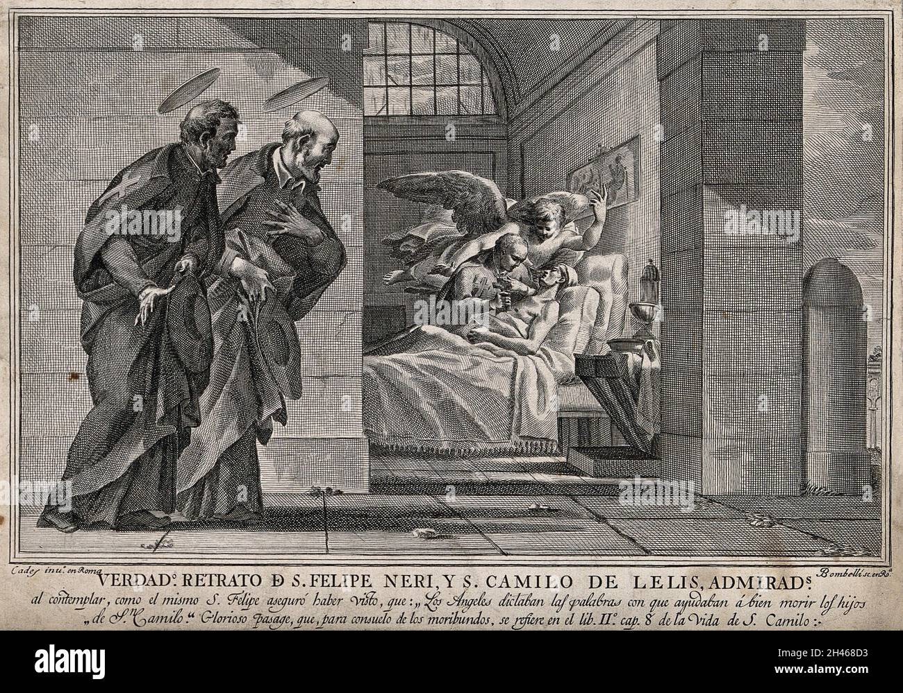 Saint Philip Neri with Saint Camillus de Lellis, an infirmary is shown