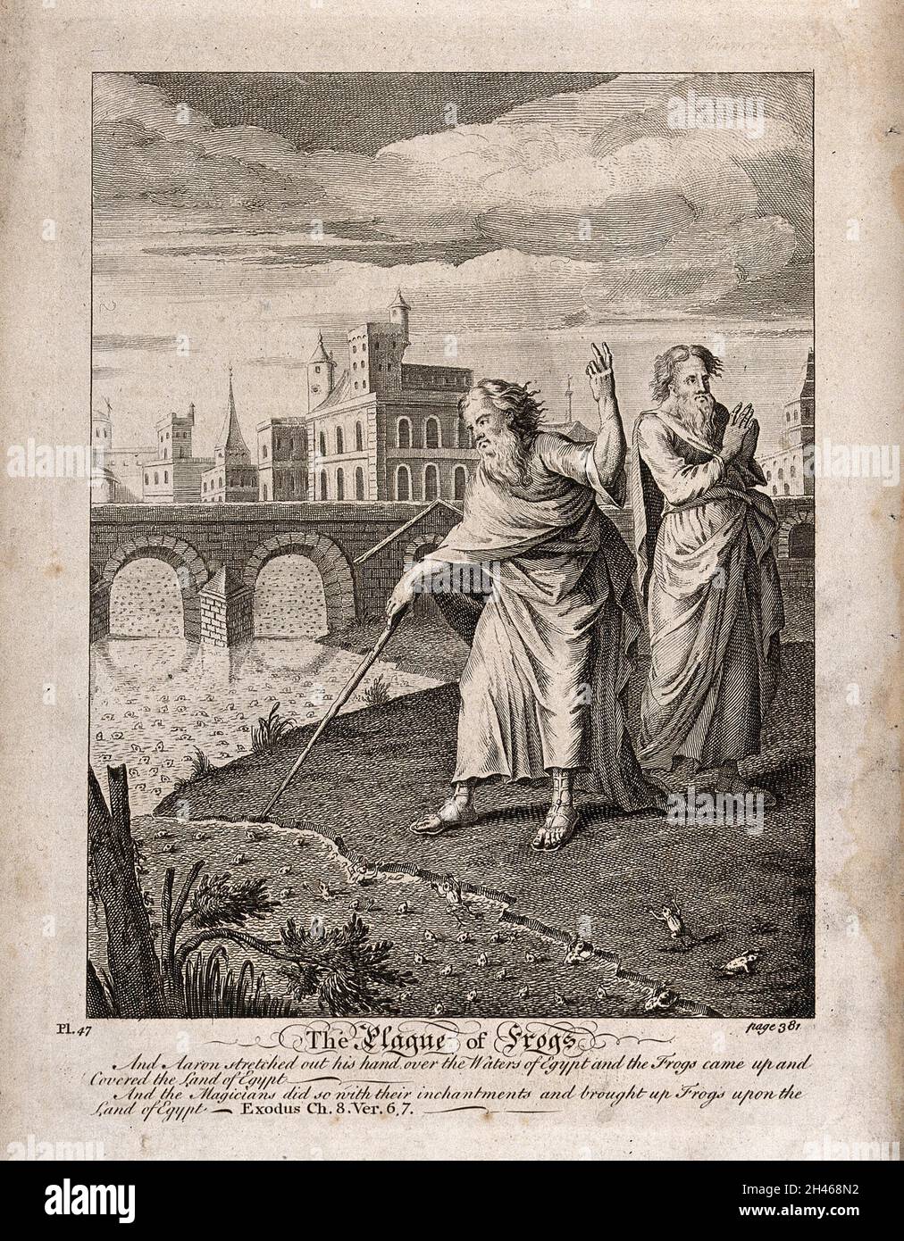 Aaron points his rod at the river and it begins to flow with frogs. Etching. Stock Photo