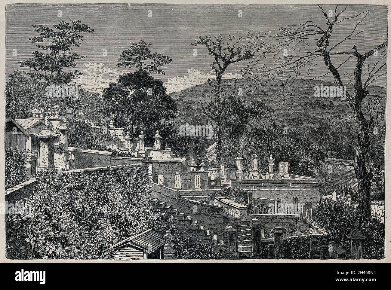 A cemetery in Nagasaki, Japan. Wood engraving, ca. 1860. Stock Photo